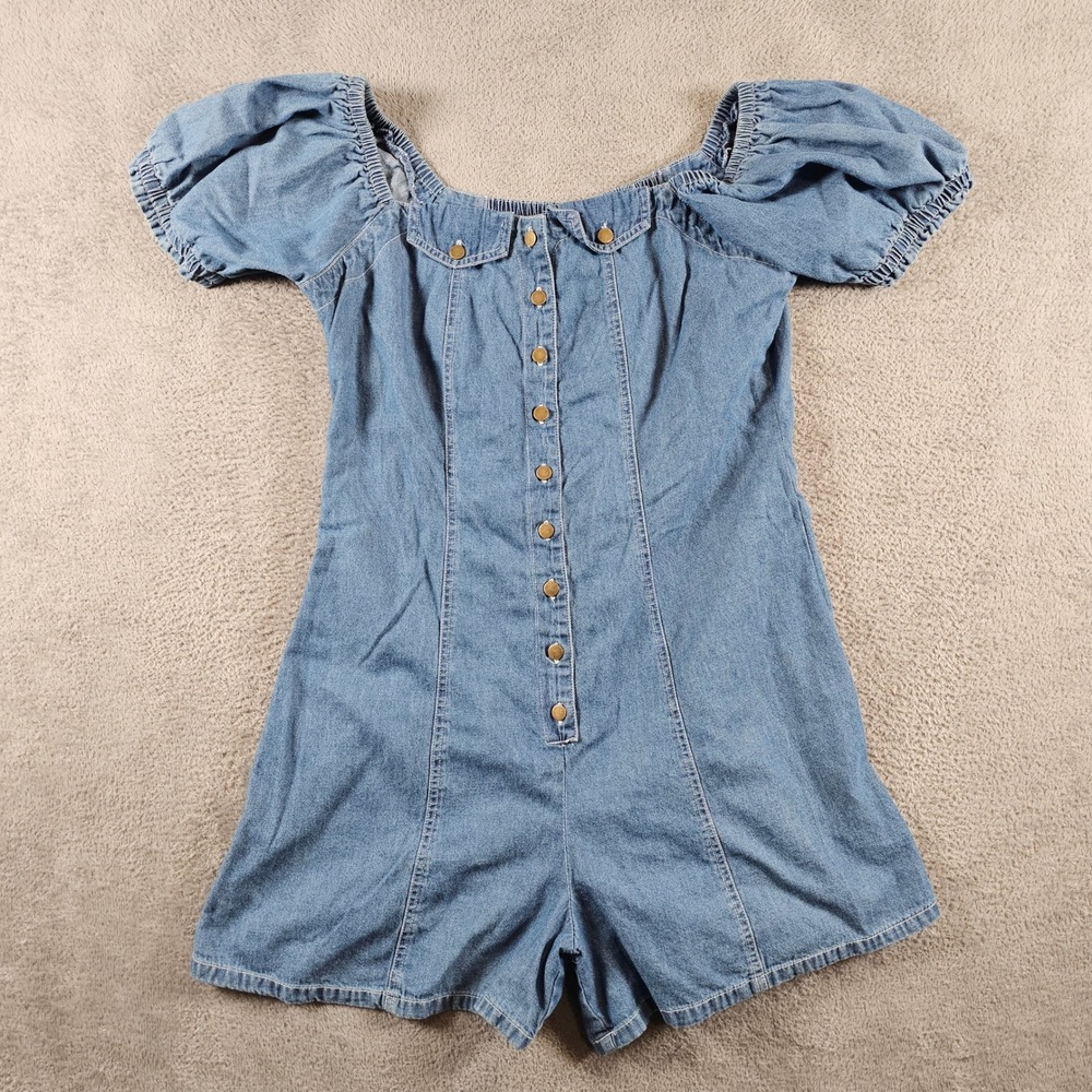 Styles To Go Blue Denim Romper Off Shoulder Puff Sleeve Button Front Size 16